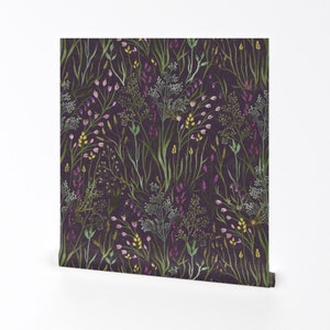 Purple Grasses Wallpaper - Wildgrass By Gaiamarfurt - Purple Green Meadow Nature Field Removable Self Adhesive Wallpaper Roll by Spoonflower