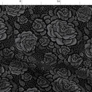 Black And Gray Roses Fabric - Rose Remix Dark By Cinneworthington - Woodcut Flowers Woodblo Cotton Fabric By The Yard With Spoonflower