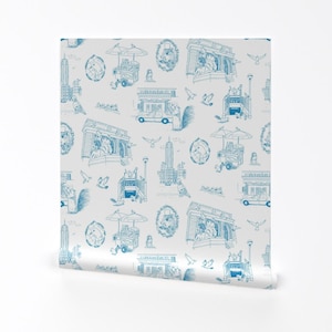 New York Icons Wallpaper - Nyc Toile Blue By Dasbrooklyn - White Blue Travel Landmarks Removable Self Adhesive Wallpaper Roll by Spoonflower
