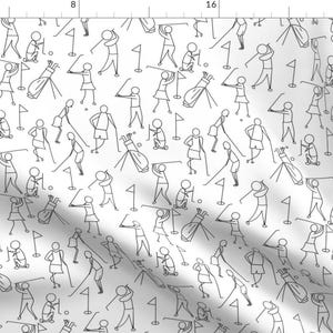 May include: A white background with a repeating pattern of black stick figures playing golf. The stick figures are in various poses, including swinging a golf club, putting, and carrying a golf bag. There are also golf flags and golf balls in the pattern.