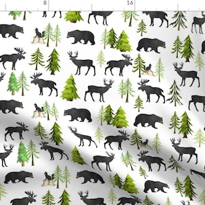 Forest Friends Fabric - Home In The Forest Woodland Animals Bear Moose Deer Trees By Gingerlous - Cotton Fabric by the Yard with Spoonflower