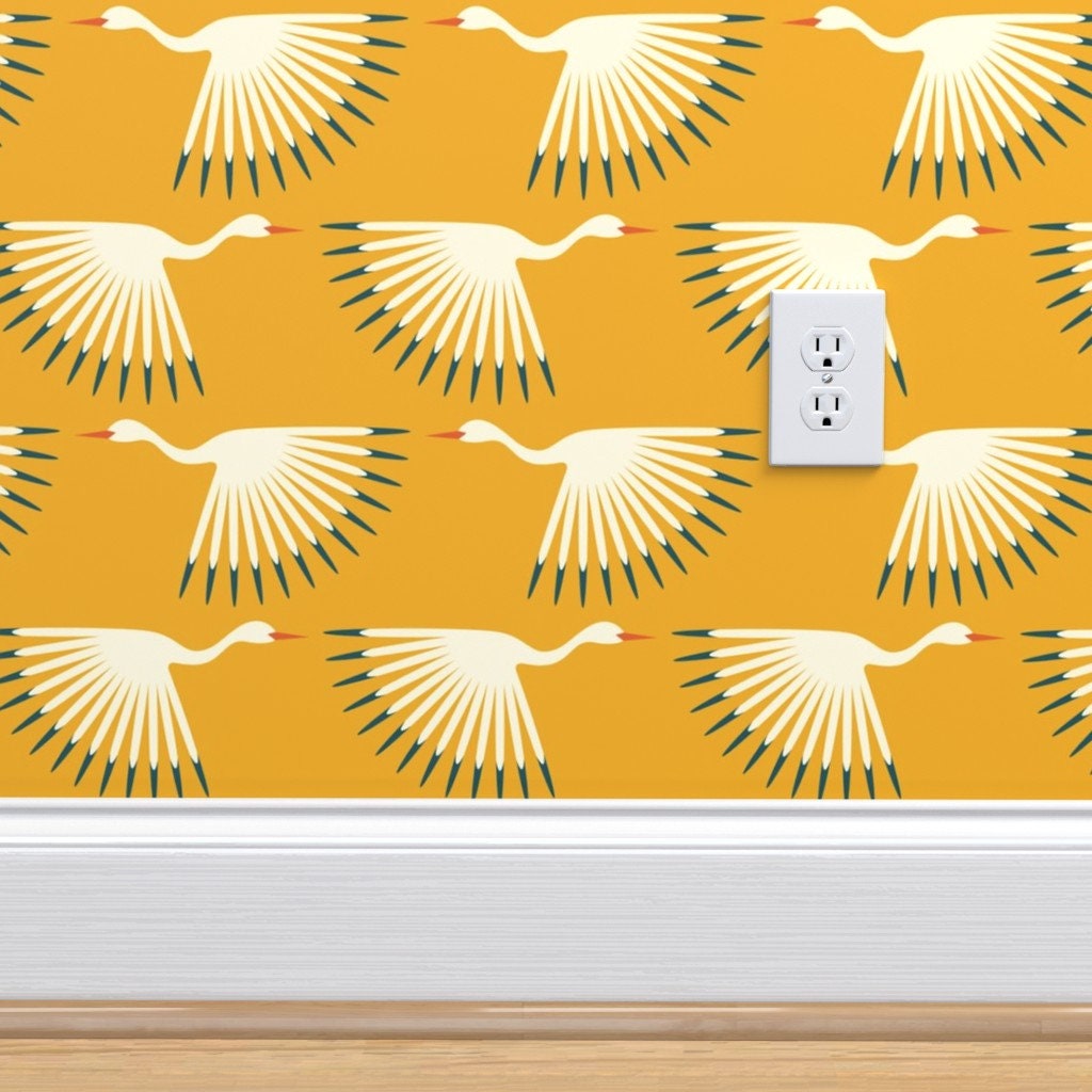 Art Deco Wallpaper Art Deco Cranes Sunshine by Katerhees | Etsy