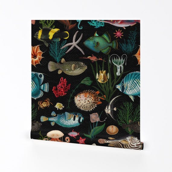 Coastal Marine Removable Peel and Stick Wallpaper - Ocean Life Nautical - Wall Art Wall Decor - Oceania In Black by delinda_graphic_studio