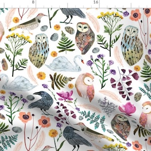 Birds Fabric - Lucid Dreams Miss Mystic By Zoe Ingram - Birds Botanical Floral Owl Fern Green Cotton Fabric By The Yard With Spoonflower