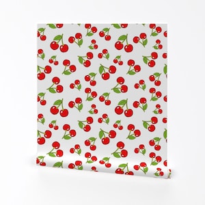 Cherry Wallpaper - Sketchy Cherries By Diane555 - Red Green Retro Food Custom Printed Removable Self Adhesive Wallpaper Roll by Spoonflower