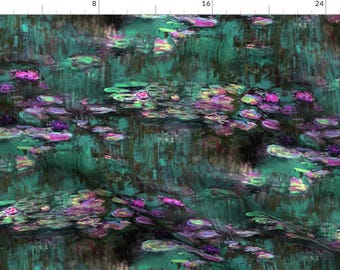 Op de afbeelding: Een levendig, abstract schilderij van waterlelies in een vijver. Het water is diep tealgroen met streken in roze, paars en geel. De waterlelies zijn roze en paars met groene bladeren. Het schilderij heeft een textuurrijke, impressionistische stijl.