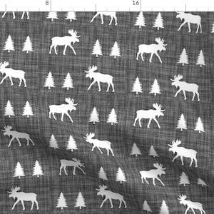 Moose Fabric - Moose Trot / On Charcoal Linen Custom Fabric By Ivie Cloth Co - Moose Cotton Fabric By The Yard with Spoonflower