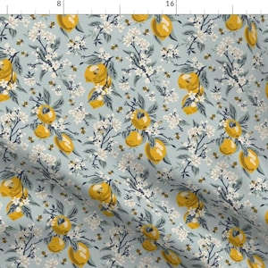 Lemons Fabric - Bees And Lemons - Blue Small By Fernlesliestudio - Citrus yellow Nature Inspired Cotton Fabric By The Yard With Spoonflower