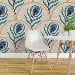 Papel de Parede Removível Autoadesivo com Estampa de Azulejos Art Déco - Azul-petróleo, Marfim e Estampa de Azulejos - Arte de Parede - Mosaico de Pavão por dalia_designs