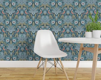 Art Nouveau Peel and Stick Wallpaper - Modern Damask Olive Green Coral - Removable Wall Decor Art - Tanager Damask by katie_hayes