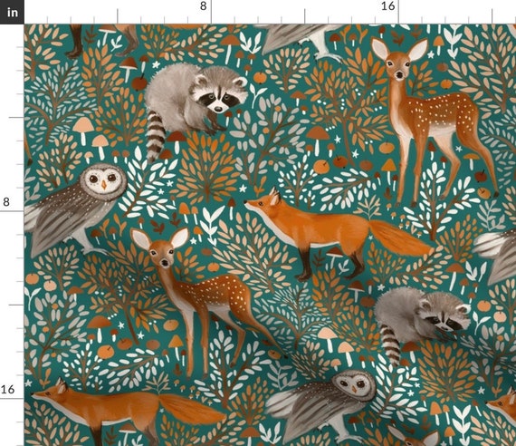 Woodland Animals Fabric Brown Forest Animals Dark Green by Gomboc