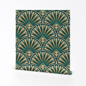 1920s Fan Removable Peel and Stick Wallpaper - Dark Teal Scallop Geometric - Wall Art Wall Decor - Art Deco Fan by rupal_adderley