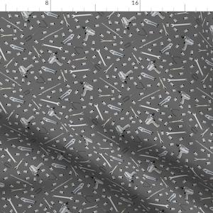 May include: A seamless pattern featuring a repeating design of various tools on a grey background. The tools include wrenches, pliers, screwdrivers, and other metal tools.