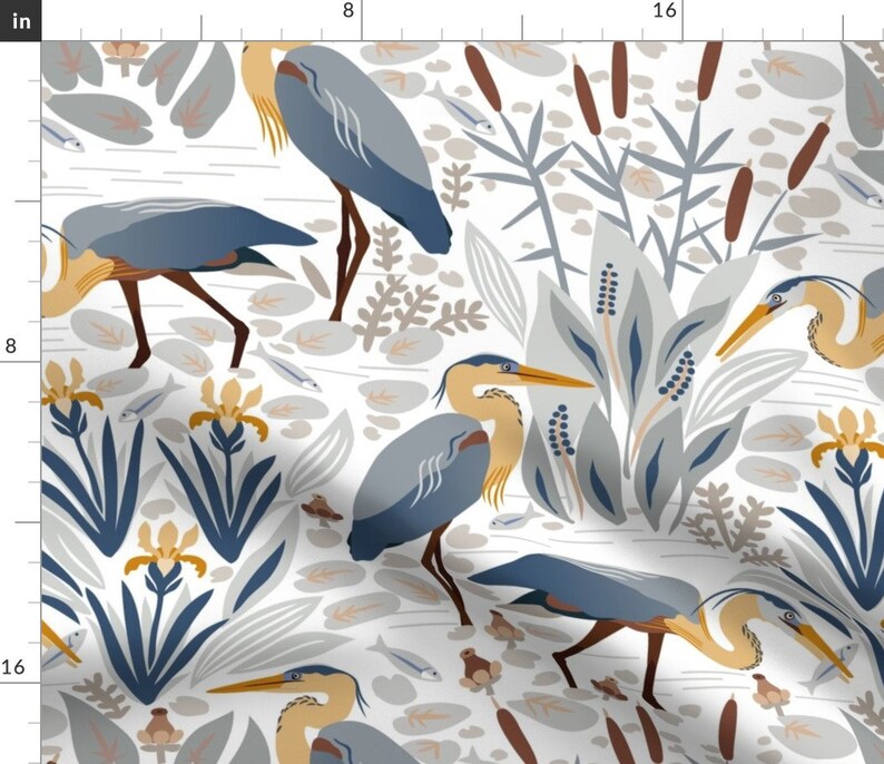Blue Heron Fabric Fishing Heron and Irises. by Boszorka Etsy