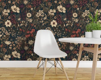 Moody Floral Peel and Stick Wallpaper - Autumn Fall Vintage Botanical Meadow - Removable Wall Decor Art - Dark Moody Floral by allymadethis