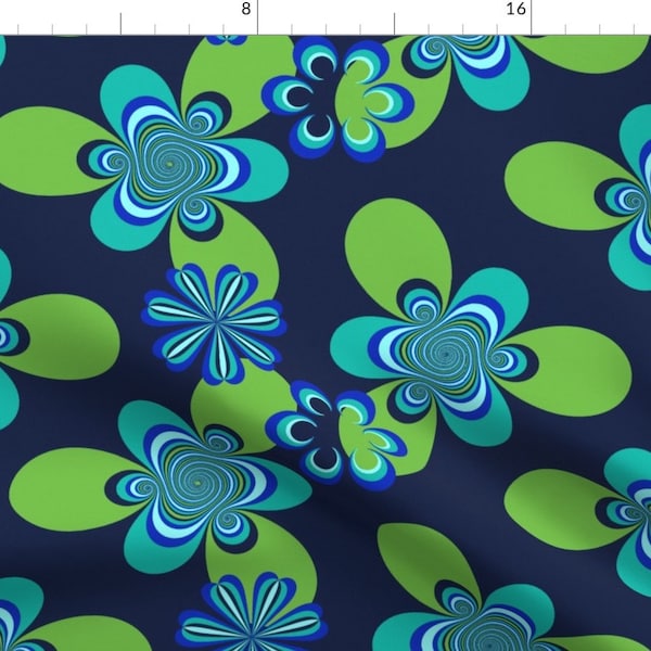 Retro Fabric - Sixties5 By Dessineo - Blue Green Floral Hippie Flower Power 1960s Vintage Style Cotton Fabric By The Yard With Spoonflower