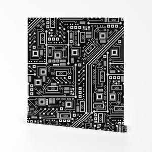 May include: Black and white circuit board pattern. The pattern is made up of lines, squares, and circles. The pattern is repeated throughout the image.