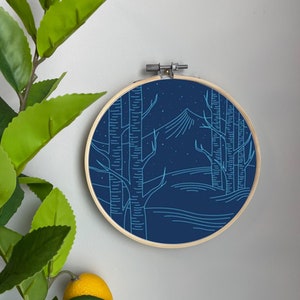 Winter Embroidery Template on Cotton - Snowy Night By Lambdesigngoods -Mountain Embroidery Pattern for 6" Hoop Custom Printed by Spoonflower