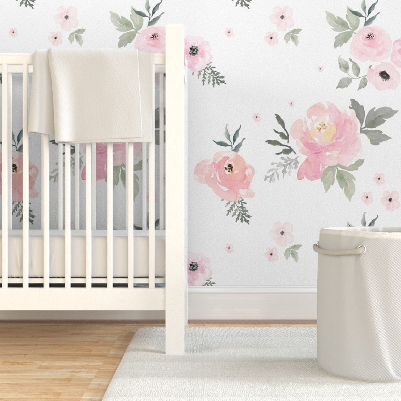 Floral Nursery Wallpaper Sweet Blush Roses by Shop Cabin | Etsy