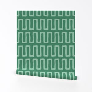 May include: Green and white geometric pattern wallpaper with a repeating pattern of rectangles and lines.