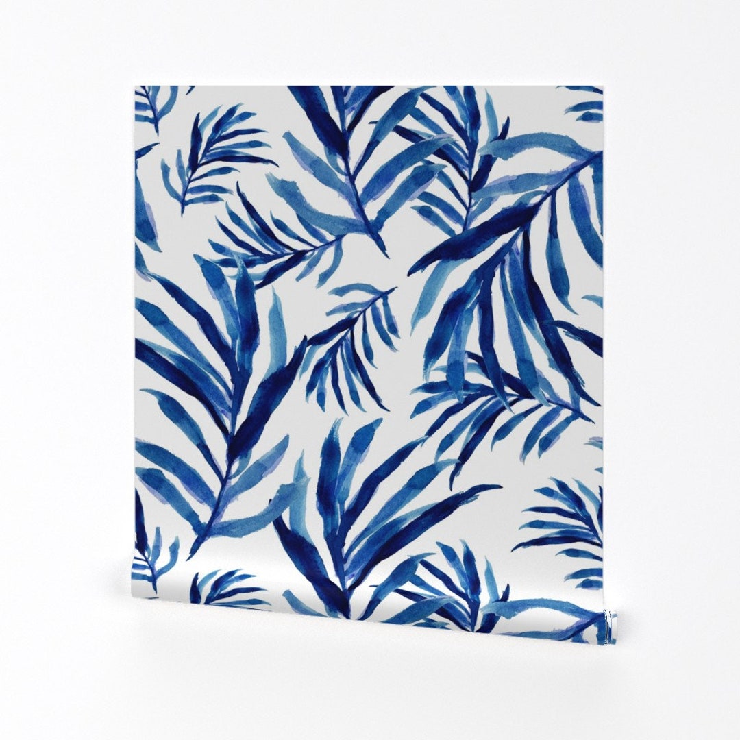 Tropical Wallpaper Blue Palm Fronds by Shopcabin Botanical Farmhouse ...
