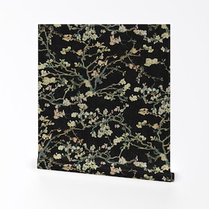 Floral Wallpaper - Van Gogh Vines By Delinda Graphic Studio - Black Green Botanical Removable Self Adhesive Wallpaper Roll by Spoonflower