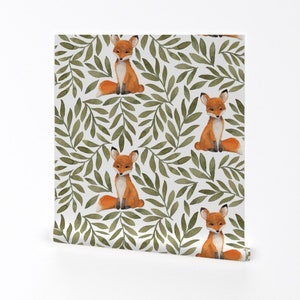Cute Watercolor Fox & Fern Wallpaper - Fox And Leaves By Bluebirdcoop - Custom Printed Removable Self Adhesive Wallpaper Roll by Spoonflower