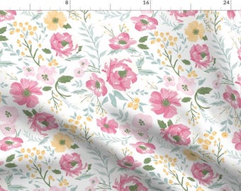 Pink + Yellow Spring Floral Fabric - Young Meadow Floral By Sweeterthanhoney - Watercolor Flower Cotton Fabric By The Yard With Spoonflower