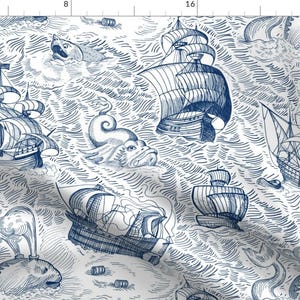 Nautical Blue Ship Fabric - Ships In Ocean, Blue (Large Scale) By Svetlana Prikhnenko - Nautical Cotton Fabric By The Yard With Spoonflower