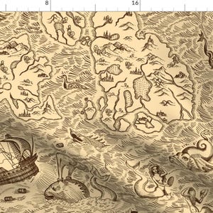 Vintage Sea Map Fabric - Map By Svetlana Prikhnenko - Illustrated Vintage Ocean Ship Sea Monster Cotton Fabric By The Yard With Spoonflower