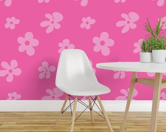 Psychedelic Daisies Peel and Stick Wallpaper - Pink Floral 90s Retro - Removable Wall Decor Art - Groovy Flowers by yesterdaycollection