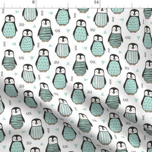 Penguin Fabric - Penguins Black White With Sweater Geometric And Triangles Mint By Caja Design - Penguin Fabric With Spoonflower