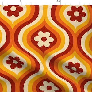 Flower Power Fabric - Groovy Daisy Ogee  by de_koro - Yellow Floral Red Retro Ogee Orange Geometric 1970s Fabric by the Yard by Spoonflower