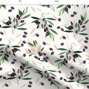 Olive Branch Fabric - Olivia Sprig by onesweetorange - Green And White Leaves Greenery Leaves Black Olives Fabric by the Yard by Spoonflower