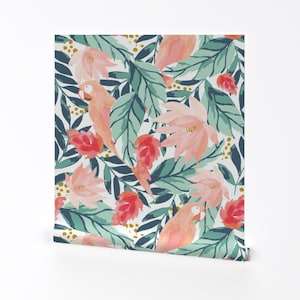 Blush Pink Parrots Removable Peel and Stick Wallpaper - Watercolor Pastel Tropical - Wall Art Wall Decor - Floral Parrot  by indybloomdesign