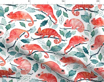 Chameleon Fabric - Chameleon Garden By Adenaj - Watercolor Peach Pink Chameleon Lizard Upholstery Cotton Fabric By The Yard With Spoonflower