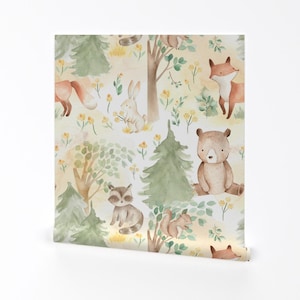 Animals Wallpaper - Woodland Baby Animals In Forest By Utart - Nursery Custom Printed Removable Self Adhesive Wallpaper Roll by Spoonflower