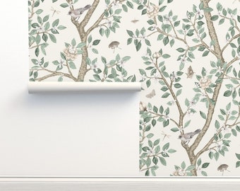 Chinoiserie Tree Wallpaper - Climbing Citrus Grove by danika_herrick - Birds Blossoms Removable Peel and Stick Wallpaper by Spoonflower