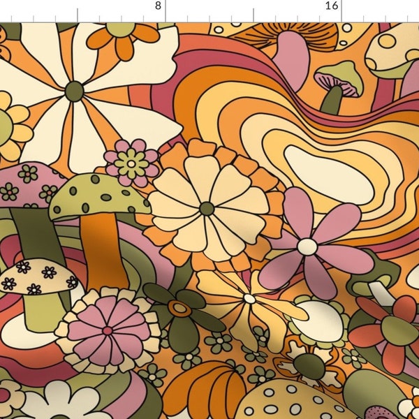 Retro Fabric - Groovy Mushroom Garden by yesterdaycollection - Vintage Floral Retro Hippie Groovy 70s 60s Fabric by the Yard by Spoonflower