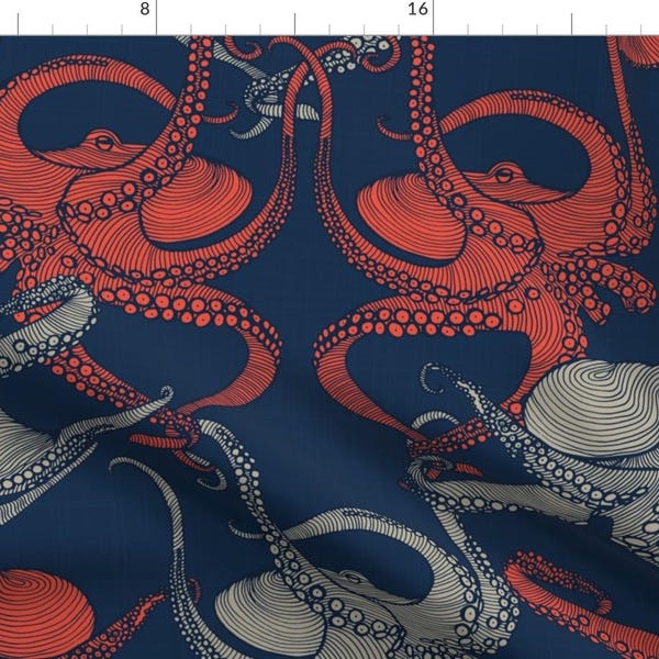 Octopi Fabric - Cephalopod Nautical Red Gray Blue Navy By Docious Designs By Patricia Braune - Cotton Fabric By The Yard With Spoonflower