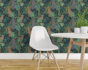 Cat Peel and Stick Wallpaper - Cats Tropical Floral Grey Cat Whimsical Cat - Removable Wall Decor Art - Tropical Cats by rachel_hallquist