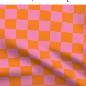 Retro Fabric - Old School Check Large by beshkakueser - Check Orange Pink Checkered Checkerboard Y2k 1960s Fabric by the Yard by Spoonflower