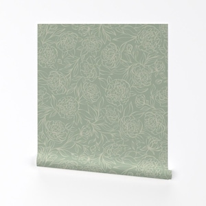 Floral Wallpaper - Peony Garden By Writtenbykristen - Sage Green Large Scale Spring Removable Self Adhesive Wallpaper Roll by Spoonflower