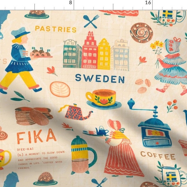 Swedish Tea Time Fabric - Fika by grace_andersson - Coffee Traditional Sweden Coffee Break Tea Time Beige  Fabric by the Yard by Spoonflower