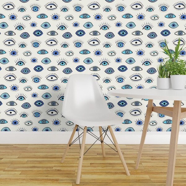 Evil Eye Wallpaper - Evil Eye By Vivdesign - Blue White Hamsa Talisman Boho Spiritual Removable Self Adhesive Wallpaper Roll by Spoonflower