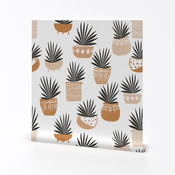 Plant Life Wallpaper - Linocut Potted Plants by  Andrea Lauren - Boho Modern Printed Removable Self Adhesive Wallpaper Roll by Spoonflower