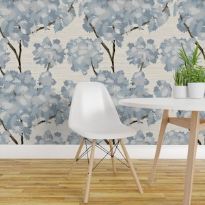 Blue Botanical Peel and Stick Wallpaper - Neutral Pastel Weathered - Removable Wall Decor Art - Blue Trees by cherylgrahamdesigns