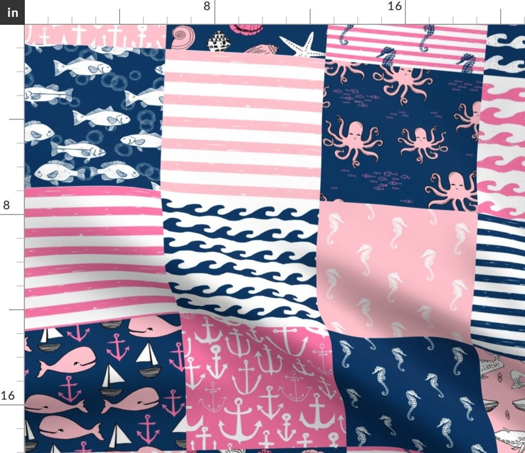 Cheater Quilt Pink Whale Fabric Nautical Navy and Pink by Etsy