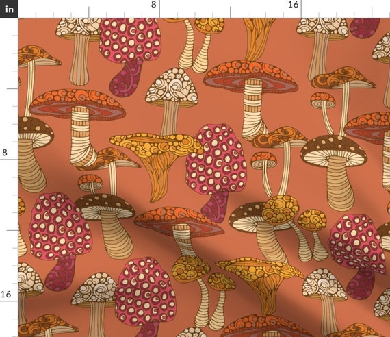 Whimsical Mushrooms Fabric Mushrooms Brown Background by | Etsy