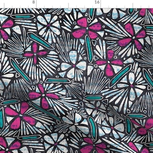 May include: A seamless pattern featuring stylized flowers in shades of pink, teal, white, and black on a dark background.